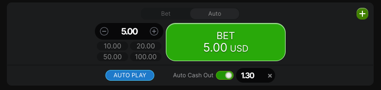 Aviator auto-cashout configured at 1.30x with a 5.00 USD bet — the recommended conservative strategy setup