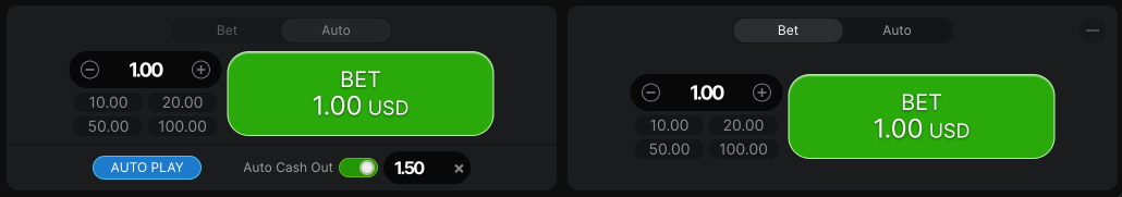 Aviator dual bet configuration: Bet 1 with auto-cashout at 1.50x for safety, Bet 2 in manual mode for higher targets