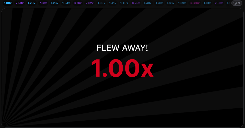 Aviator instant crash at 1.00x showing FLEW AWAY message