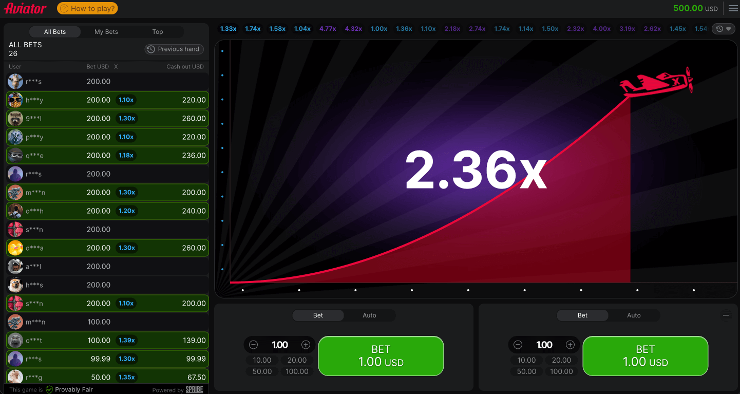 Aviator crash game interface showing the multiplier at 2.36x, live bets sidebar with player cashouts, dual bet panels, and round history