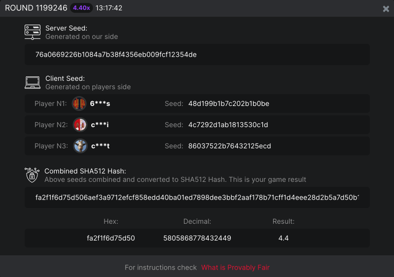 Aviator Provably Fair verification panel for Round 1199246: server seed, three client seeds from independent players, SHA-512 combined hash, hex segment fa2f1f6d75d50, decimal value, and calculated result 4.4x