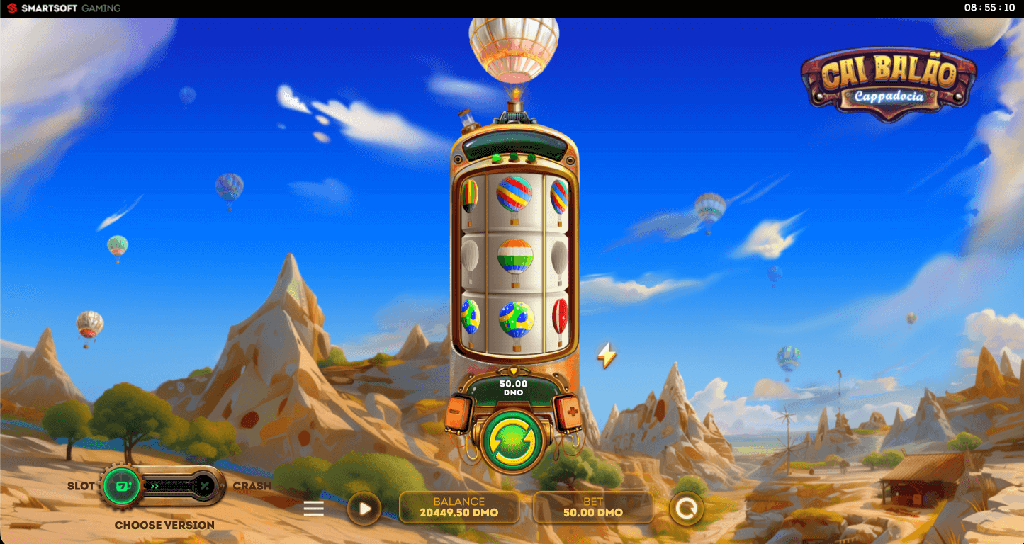 Cappadocia crash game by SmartSoft showing a Cappadocian landscape with two hot air balloons rising simultaneously, each with independent crash points