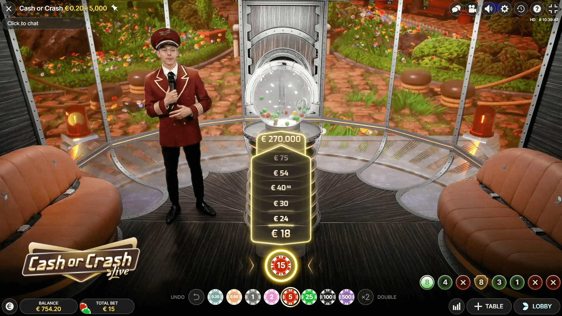 Cash or Crash Live by Evolution Gaming showing a live dealer host in a studio next to a ball machine, with multiplier ladder showing prize levels from €18 to €270,000