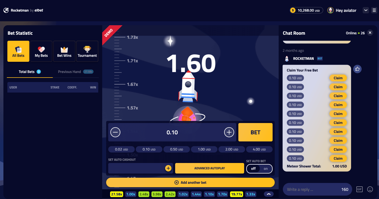 Rocketman crash game by Elbet showing a rocket at 1.60x multiplier, bet statistics panel on the left, chat room with free bet claims on the right, and bet controls at bottom