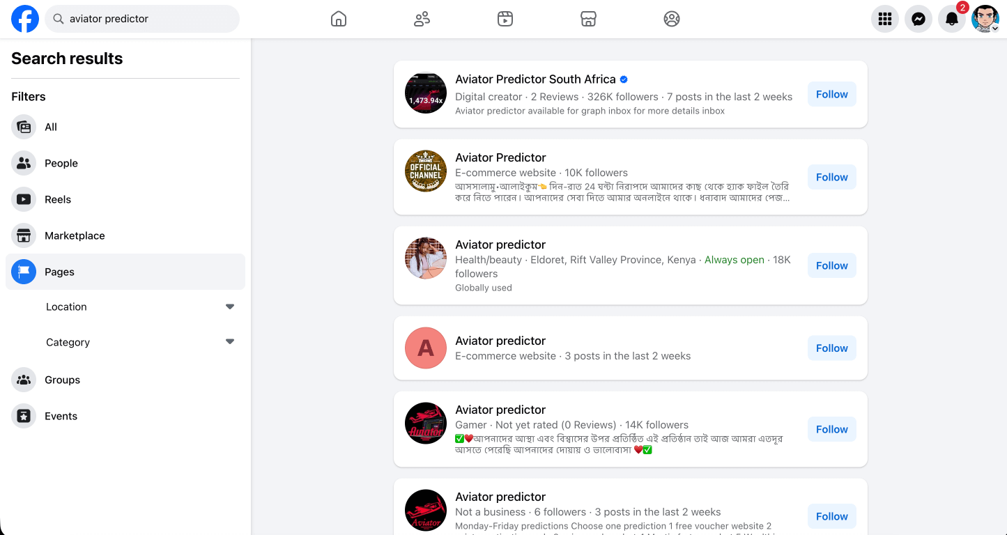 Facebook search results for Aviator predictor showing 6+ scam pages including Aviator Predictor South Africa with 326K followers, pages from Kenya and Bangladesh promoting fake hack tools