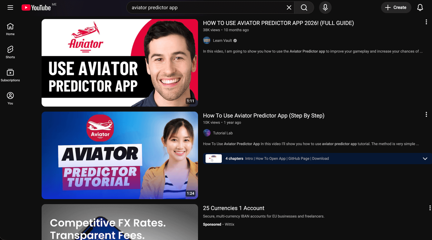 YouTube search results for aviator predictor app showing scam tutorial videos with tens of thousands of views, titles like HOW TO USE AVIATOR PREDICTOR APP 2026 FULL GUIDE and step-by-step tutorials