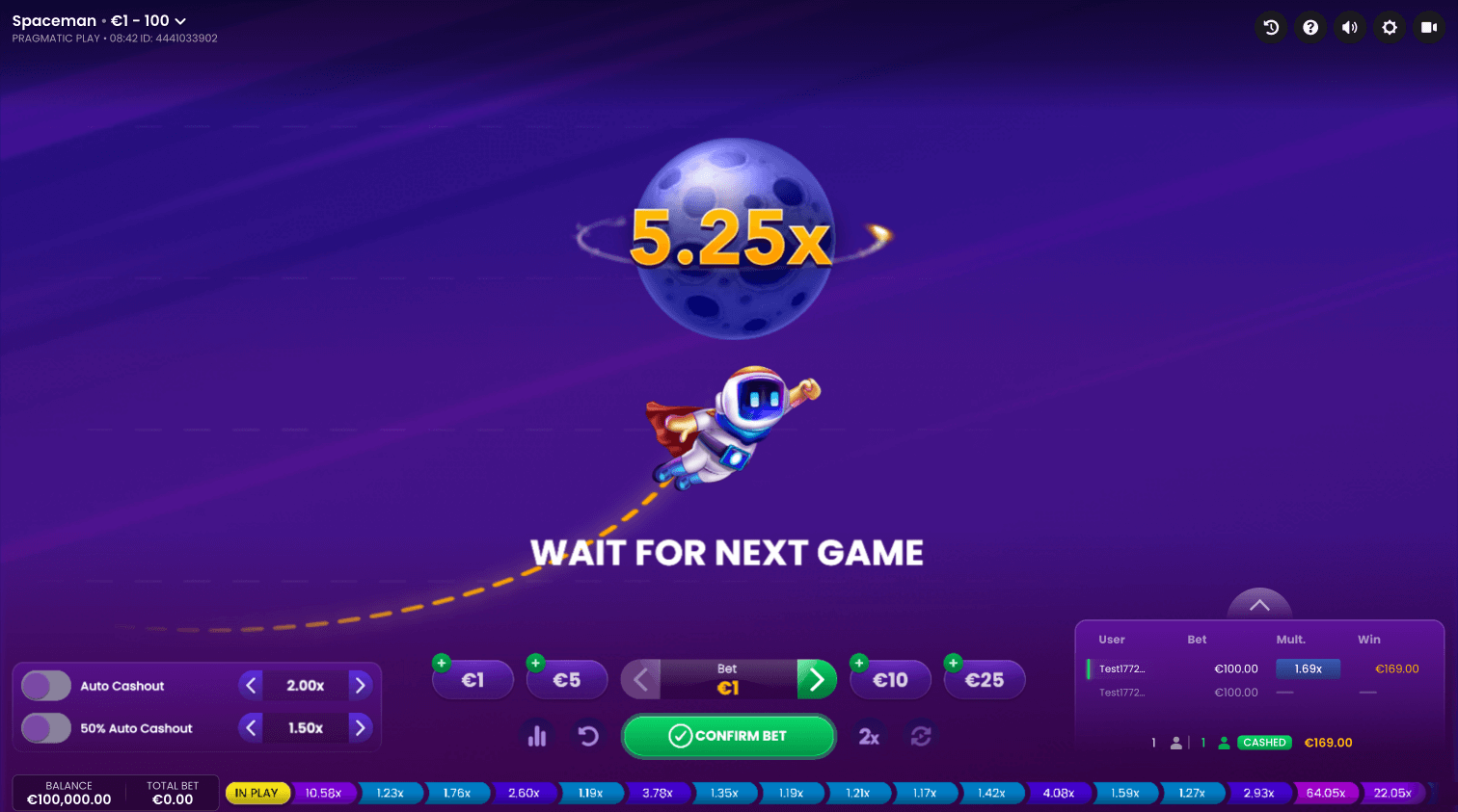 Spaceman crash game by Pragmatic Play showing an astronaut character at 5.25x multiplier floating toward a moon, with bet panel and auto-cashout controls at bottom